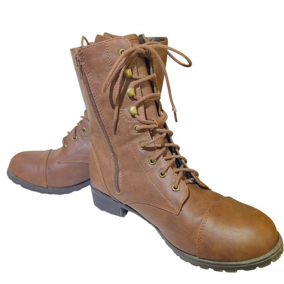 UNR8ED Women's Brown Leather Lace Up Double Zip Boots Cloth Lined -Size‎ 9M - Picture 2 of 11